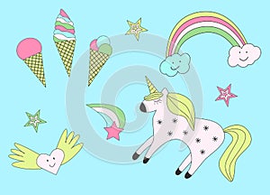 Set of children`s elements of fairy-tale drawings and characters unicorn rainbow, clouds and heart, ice cream