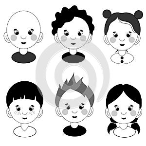 set of children\'s portraits of boys and girls in black and white