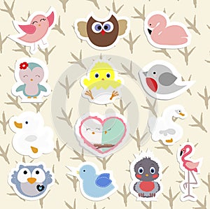 Set of children`s stickers cute birds in cartoon style.