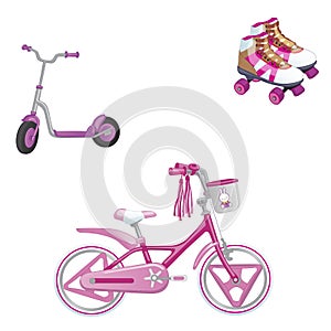 Set of children`s transport. Eco transport for kids. Cute kids bicycle, roller skating and roller scooter for a girl. Vector illus