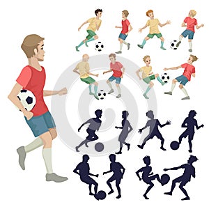 Set of children soccer players. Boys play football with the ball. Set of silhouettes of football players. Vector