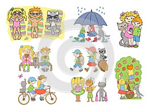 Set of children summer activities images. Kids on the beach, in the garden, travelling, riding bike, eating ice-cream