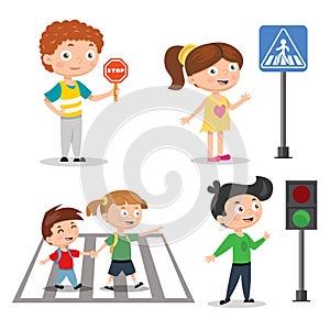 Set of children teaching road safety. Traffic light sign with go and stop indicators.