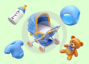 Set of children things for boy. 3D blue stroller, diaper, stuffed bear, bodysuit, feeding bottle