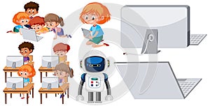 Set of children working on computer on white background
