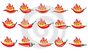 Set Chili Pepper Vector Icons with fire