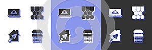 Set Chimney, Worker safety helmet, House with trowel and Roof tile icon. Vector