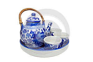 Set of chinese blue white ceramic tea pottery isolated