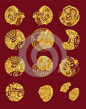 Set of Chinese cloud and water tattoo in circle.gold cloud vector in circle