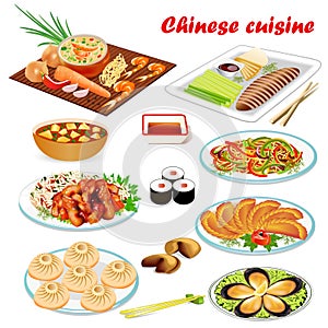 a set of Chinese dishes with soup, Peking style duck, shrimp, prediction cookies, meat in sweet and sour sauce and