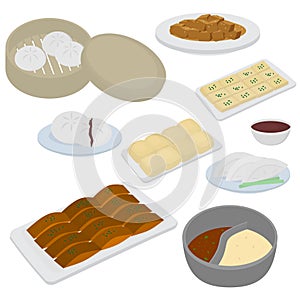Set of chinese food flat design elements. Asian street food menu. Traditional dish Peking duck, soup huo guo, pork and