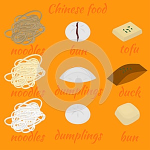 Set of chinese food flat design elements. Asian street food menu. Traditional dish Peking duck and tofu. Dumplings