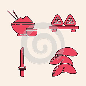 Set Chinese fortune cookie, Rice in a bowl with chopstick, Sushi on cutting board and Japanese katana icon. Vector