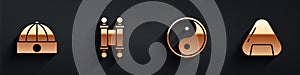 Set Chinese hat, Decree, paper, parchment, scroll, Yin Yang and Sushi icon with long shadow. Vector