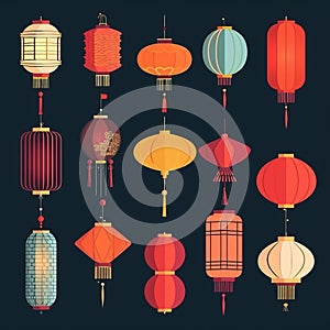 Set of Chinese lanterns in flat style