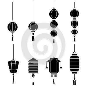 Set of Chinese lanterns silhouette isolated on white background. Chinese Lanterns Icon. Vector Illustration. Elements for design.