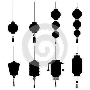 Set of Chinese lanterns silhouette isolated on white background. Chinese Lanterns Icon. Vector Illustration. Elements for design.