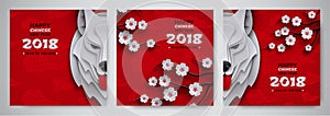 Set of chinese new year banner, symbol 2018 year of the dog, zodiac sign, sakura cherry flowers on pattern oriental background