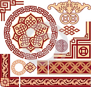 Set of Chinese Pattern Elements - Corners, Border, Round Ornament