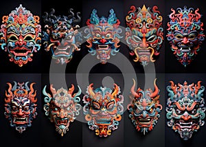 Set of Chinese ritual masks isolated on black background