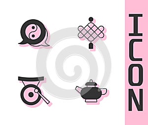 Set Chinese tea ceremony, Yin Yang symbol, Gong musical instrument and paper lantern icon. Vector