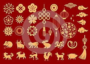 Set of chinese traditional stylistic elements and the Chinese zodiac animals. Yeloow on a red back