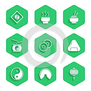 Set Chinese Yuan currency, fortune cookie, paper lantern, Sushi, Yin Yang, drum, Asian noodles bowl and icon. Vector