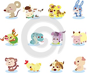 Set of Chinese zodiac 12 animal icon set, cartoon of Zodiac horoscope animal sign collection stickers, Vector illustration