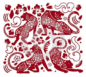 Set of Chinese zodiac characters. The year of the Tiger. Vector traditional ornate papercut silhouettes illustration