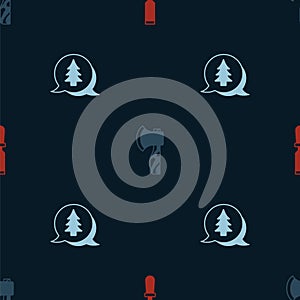 Set Chisel tool, Wooden axe and Tree on seamless pattern. Vector