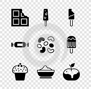 Set Chocolate bar, Ice cream, Cake, Flour bowl, Apple in caramel, Candy and Jelly candy icon. Vector