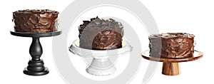 Set with chocolate cakes on white background