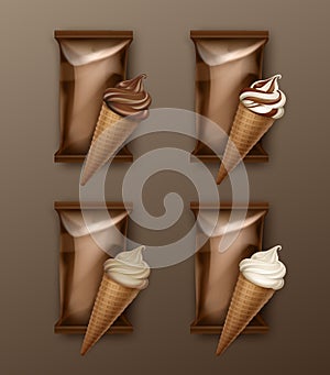 Set of Chocolate Ice Cream Waffle Cone with Brown Foil