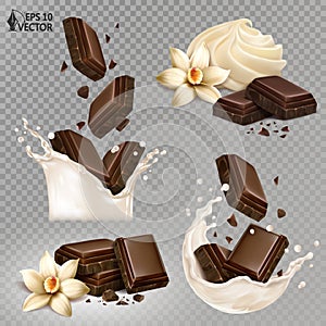 Set of chocolate pieces falling into a realistic milk splash. Vanilla chocolate. Natural dessert from whipped cream. 3d realistic