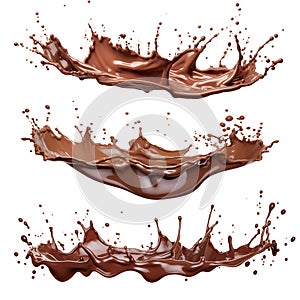Set of a chocolate splashes isolated on white or transparent background. Close-up of a splash of fresh milk chocolate