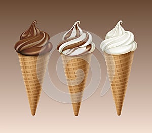 Set of Chocolate White Soft Serve Ice Cream Waffle Cone
