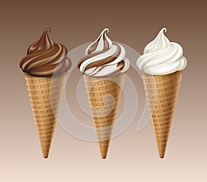 Set of Chocolate White Soft Serve Ice Cream Waffle Cone photo