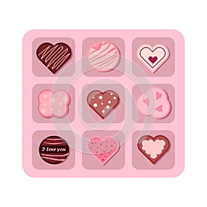 A set of chocolates in a box, top view. Praline set, vector color illustration.