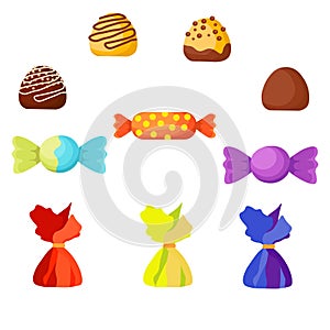 A set of chocolates in wrappers and without them, can be used for leaflets, postcards, menus, greetings and covers, vector