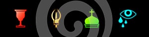 Set Christian chalice, Lily flower, Church tower and Tear cry eye icon. Vector