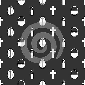 Set Christian cross, Basket, Easter egg and Burning candle on seamless pattern. Vector