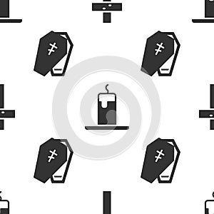 Set Christian cross, Burning candle and Coffin with cross on seamless pattern. Vector