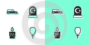 Set Christian cross on chain, Hearse car, Burning candle and Muslim cemetery icon. Vector