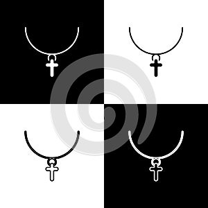 Set Christian cross on chain icon isolated on black and white background. Church cross. Vector Illustration