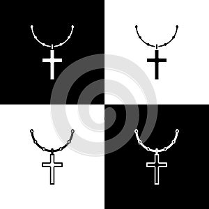 Set Christian cross on chain icon isolated on black and white background. Church cross. Vector