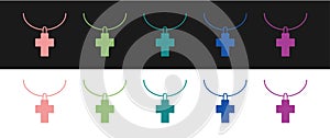 Set Christian cross on chain icon isolated on black and white background. Church cross. Vector