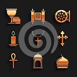 Set Christian cross on chain, Muslim Mosque, Cross ankh, Burning candle, Dharma wheel and Holy grail or chalice icon