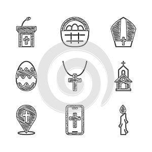 Set Christian cross on chain, phone, Burning candle, Church building, Location church, Easter egg, Pope hat and sermon