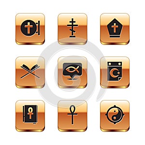 Set Christian cross, Cross ankh book, fish, Holy of Koran, Pope hat, Yin Yang and icon. Vector