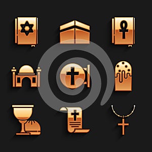 Set Christian cross, Decree, paper, parchment, scroll, on chain, Easter cake, Holy grail or chalice, Muslim Mosque